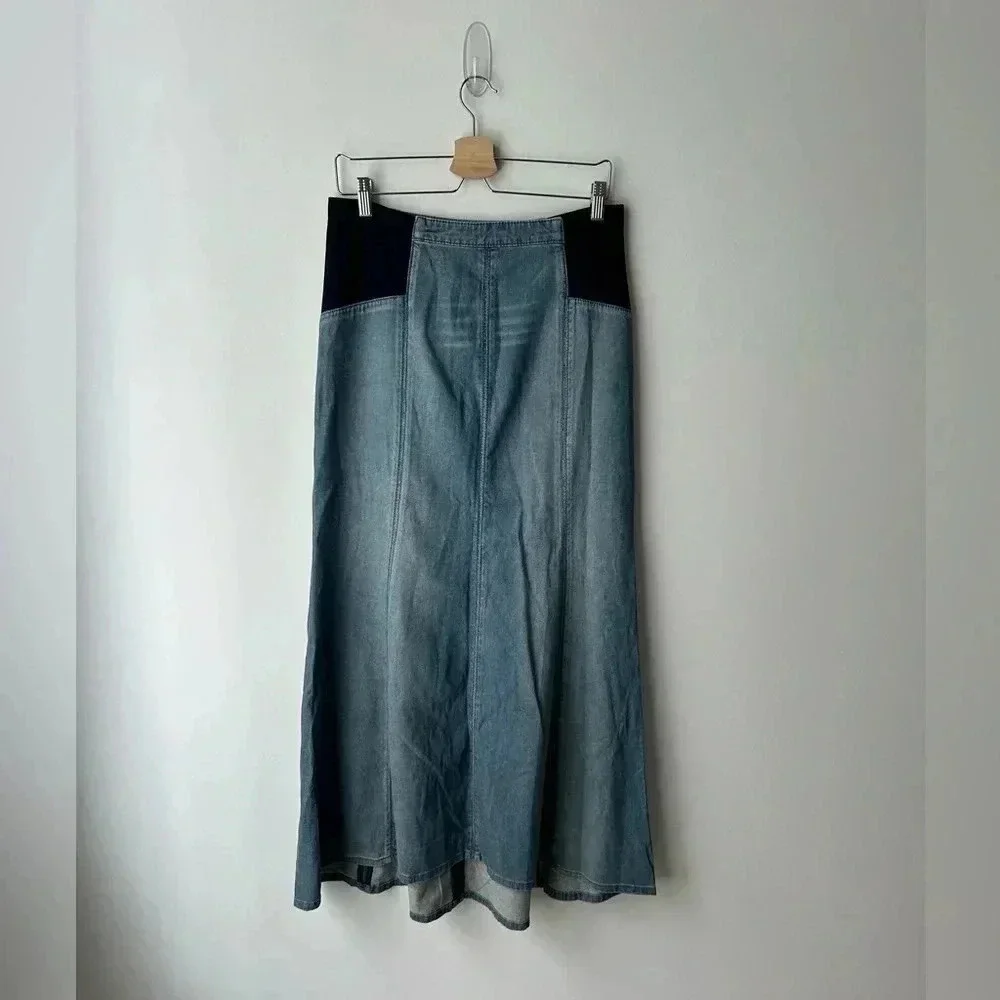 BCBGMAXAZRIA Y2K Panel Denim Maxi Skirt Stretch Waist Sculpted A-Line S/M - Picture 2 of 11